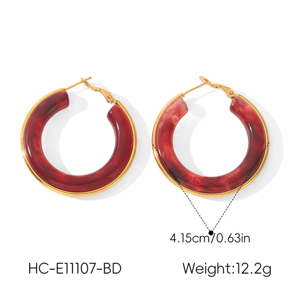 Women's Geometric Stainless Steel Stud Earrings With Burgundy Resin And Pvd Vacuum Gold Plated Finish Personality Fashion Jewelry