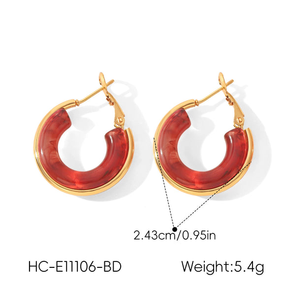 Women's Geometric Stainless Steel Stud Earrings With Burgundy Resin And Pvd Vacuum Gold Plated Finish Personality Fashion Jewelry
