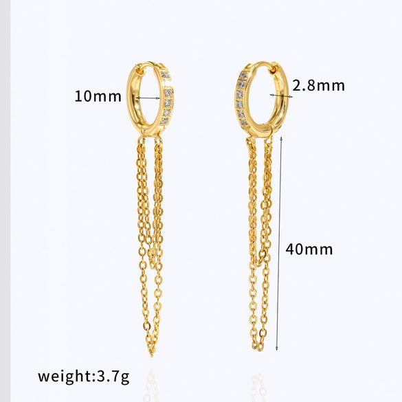 Women's Geometric Stainless Steel Tassel Chain Earrings With Colorful Crystal Inlay Light Luxury Style Pvd Real Gold Plated Non Fading