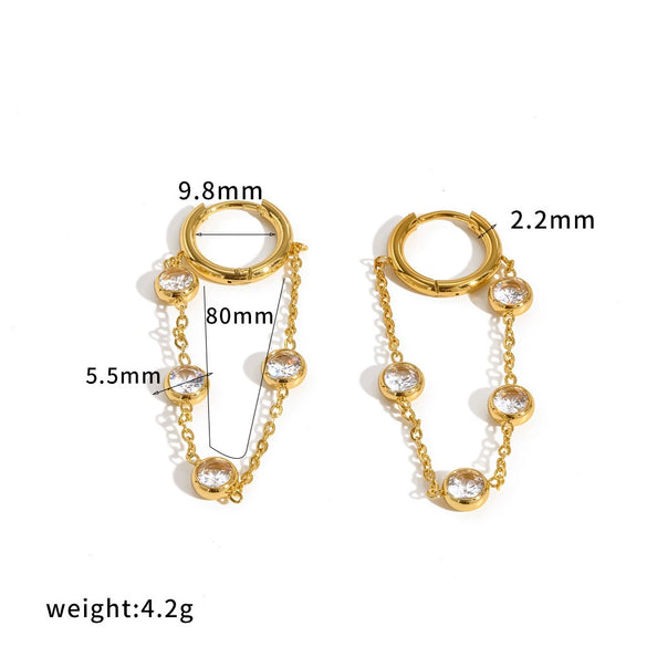 Women's Geometric Stainless Steel Tassel Chain Earrings With Colorful Crystal Inlay Light Luxury Style Pvd Real Gold Plated Non Fading