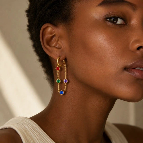 Women's Geometric Stainless Steel Tassel Chain Earrings With Colorful Crystal Inlay Light Luxury Style Pvd Real Gold Plated Non Fading