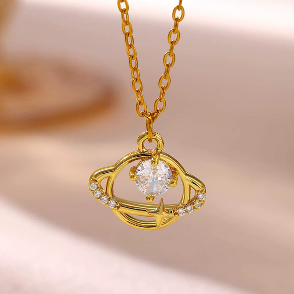 Women's Geometric Starburst Sun Pendant Necklace With Gold Plated Copper Zircon Accents And Ball Chain Wholesale Jewelry