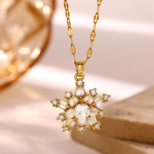 Women's Geometric Starburst Sun Pendant Necklace With Gold Plated Copper Zircon Accents And Ball Chain Wholesale Jewelry