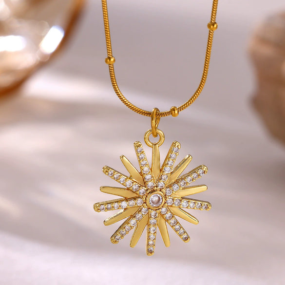 Women's Geometric Starburst Sun Pendant Necklace With Gold Plated Copper Zircon Accents And Ball Chain Wholesale Jewelry
