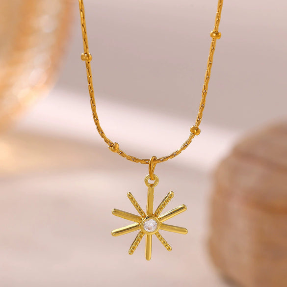 Women's Geometric Starburst Sun Pendant Necklace With Gold Plated Copper Zircon Accents And Ball Chain Wholesale Jewelry