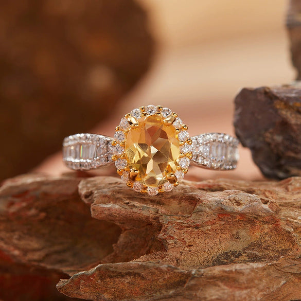 Women's Geometric Style Crystal And S925 Sterling Silver Treasure Ring With Topaz And Yellow Amethyst