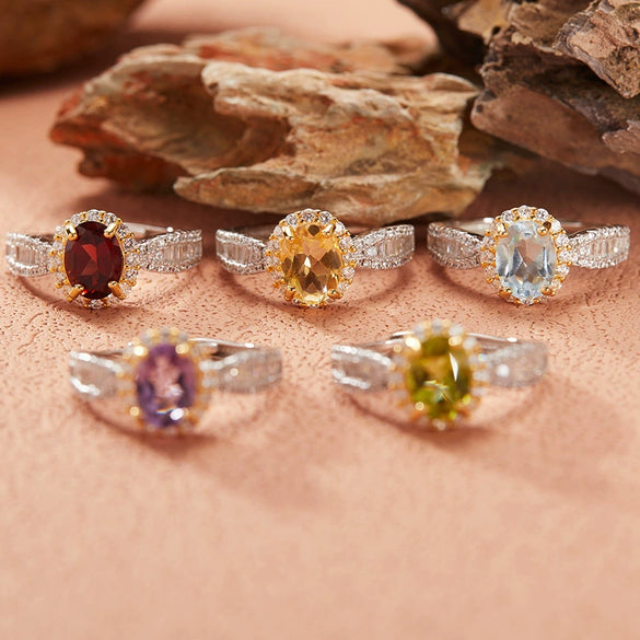 Women's Geometric Style Crystal And S925 Sterling Silver Treasure Ring With Topaz And Yellow Amethyst