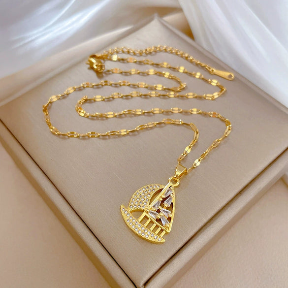 Women's Geometric Style Stainless Steel And Copper Sailboat Necklace With Electroplating