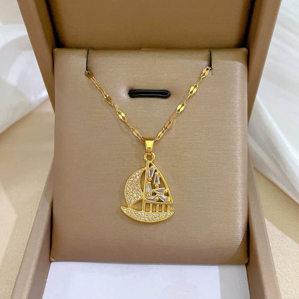 Women's Geometric Style Stainless Steel And Copper Sailboat Necklace With Electroplating