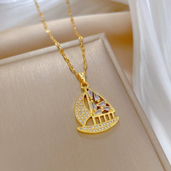 Women's Geometric Style Stainless Steel And Copper Sailboat Necklace With Electroplating