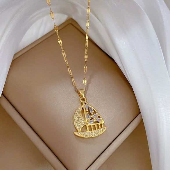 Women's Geometric Style Stainless Steel And Copper Sailboat Necklace With Electroplating