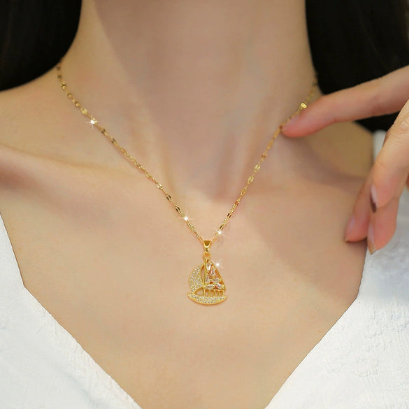 Women's Geometric Style Stainless Steel And Copper Sailboat Necklace With Electroplating