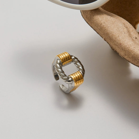 Women's Geometric Style Stainless Steel Ring With Gold And Silver Color Matching Ribbed Twist Cut Out Open Design Electroplated