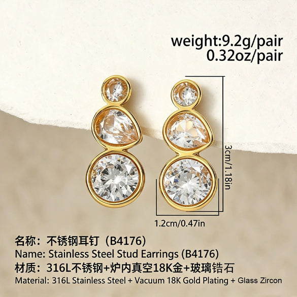 Women's Geometric Teardrop Zircon Drop Earrings In Electroplated Stainless Steel With Round Spliced Design