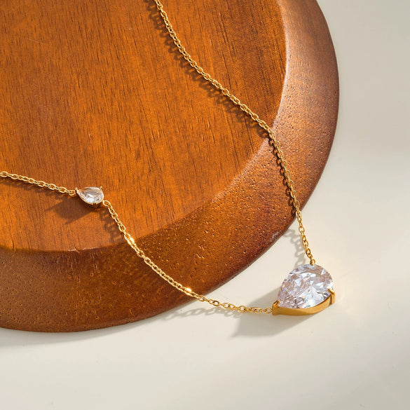 Women's Geometric Teardrop Zircon Pendant Stainless Steel Necklace With 18K Gold Plating