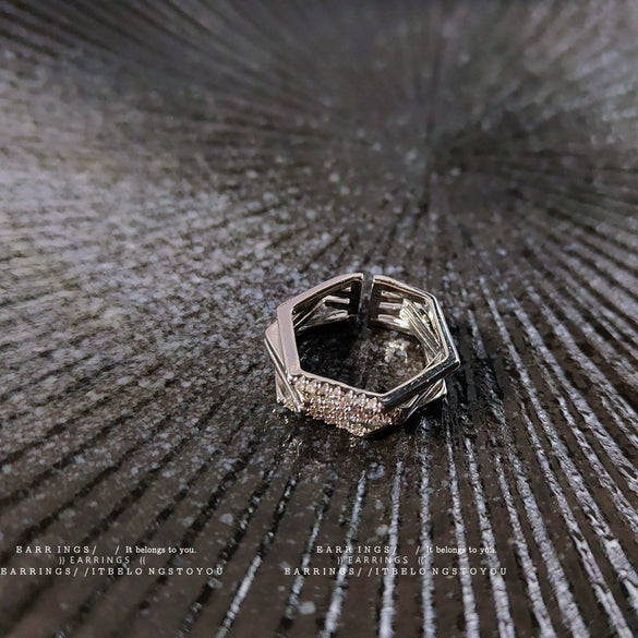 Women's Geometric Three Dimensional Copper Ring With Zircon Inlay Electroplated Open Adjustable Index Finger Ring