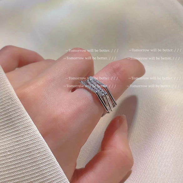 Women's Geometric Three Dimensional Copper Ring With Zircon Inlay Electroplated Open Adjustable Index Finger Ring