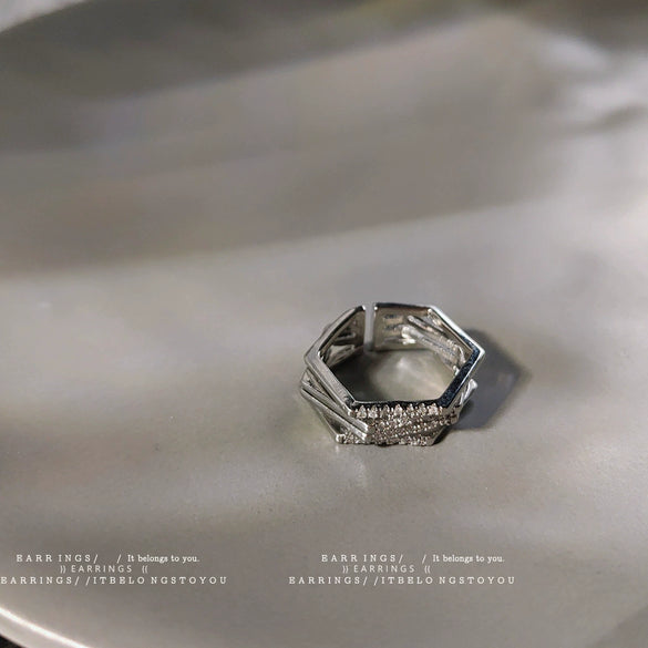 Women's Geometric Three Dimensional Copper Ring With Zircon Inlay Electroplated Open Adjustable Index Finger Ring