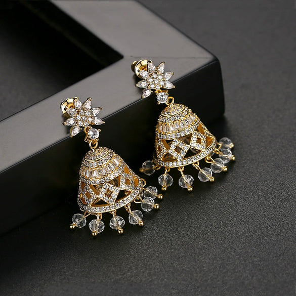 Women's Geometric Three Dimensional Copper Zircon Wind Chime Earrings With Retro Electroplated Finish Fashion Statement Ear Jewelry