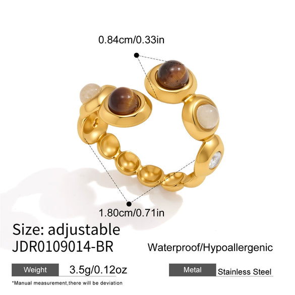 Women's Geometric Tiger Eye Natural Stone Ring In Stainless Steel With Vacuum Pvd Gold Plating Hypoallergenic Jewelry