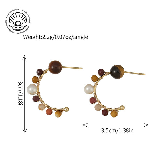 Women's Geometric Tiger Eye Stone And Freshwater Pearl Earrings With Electroplating