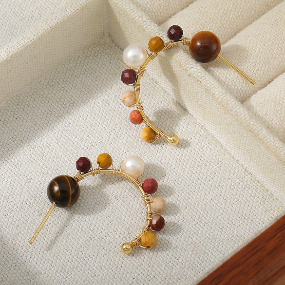 Women's Geometric Tiger Eye Stone And Freshwater Pearl Earrings With Electroplating