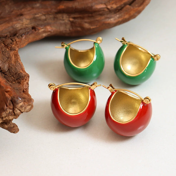 Women's Geometric Titanium Steel Drop Earrings With Electroplated Red And Green Oil Drop Design