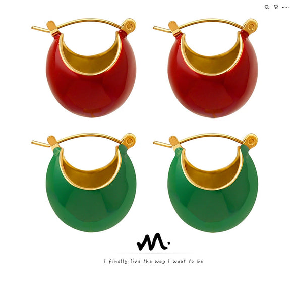 Women's Geometric Titanium Steel Drop Earrings With Electroplated Red And Green Oil Drop Design