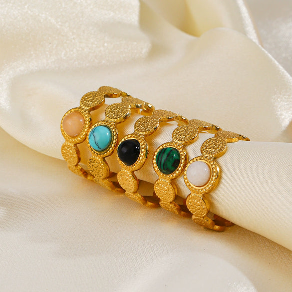 Women's Geometric Turquoiseobsidian Inlaid Stainless Steel Open Adjustable Ring With Electroplating