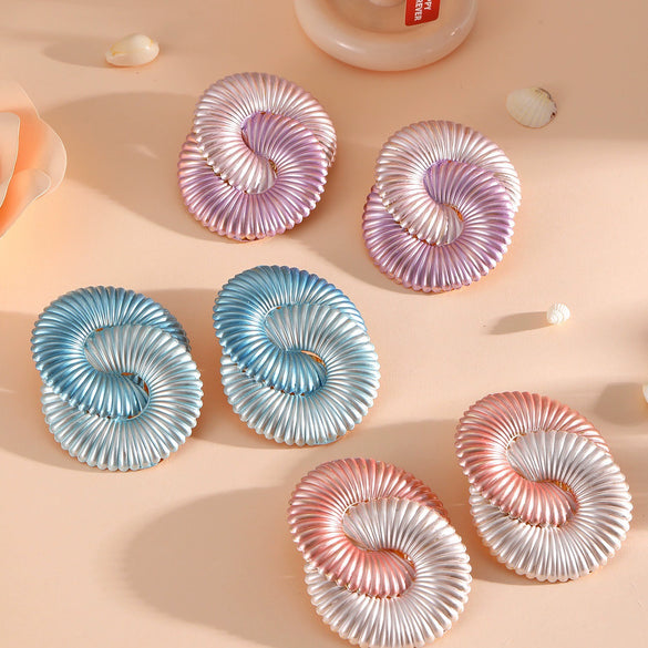 Women's Geometric Twisted Ripple Statement Earrings With Electroplated Iron Design And Stainless Steel Ear Posts