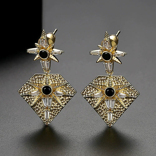 Women's Geometric Twotone Copper Earrings With Black Zircon Accents And Electroplated Textured Design