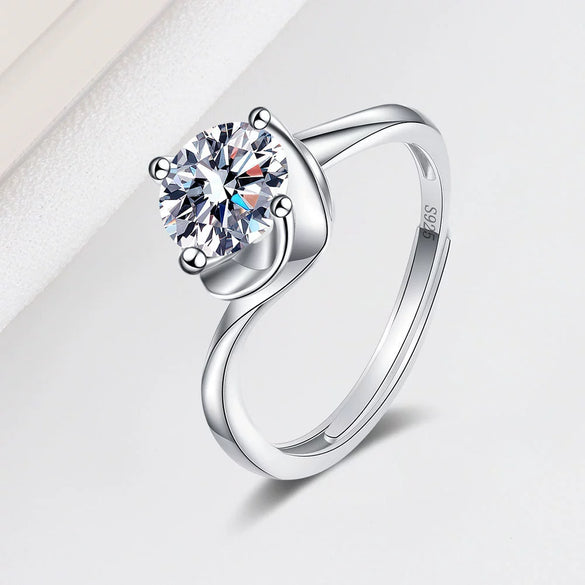 Women's Geometric Vine Ring In S925 Sterling Silver With Electroplated Finish And Moissanite Zircon Detail Adjustable Open Band