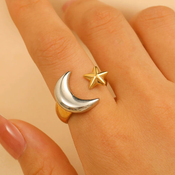 Women's Geometric Water Drop Casting Ring With Star And Moon Pattern Electroplated Minimalist Style