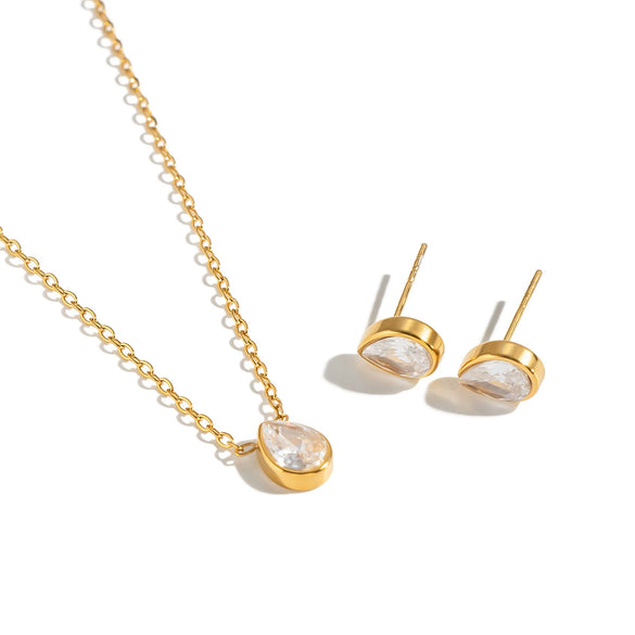 Women's Geometric Water Drop Cubic Zirconia Necklace And Earrings Set In Goldplated Stainless Steel