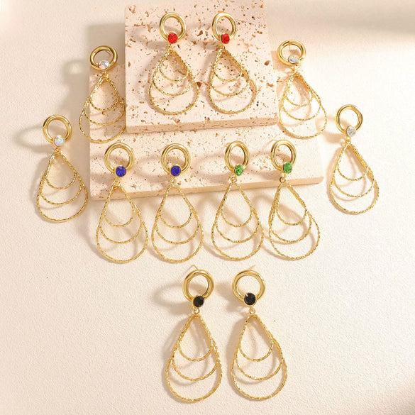 Women's Geometric Water Drop Earrings With Threelayer Gradient Circles Rhinestone Accents Electroplated Alloy And Stainless Steel Posts
