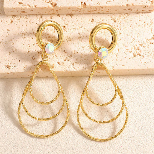 Women's Geometric Water Drop Earrings With Threelayer Gradient Circles Rhinestone Accents Electroplated Alloy And Stainless Steel Posts