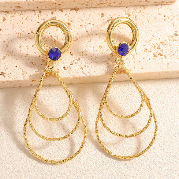 Women's Geometric Water Drop Earrings With Threelayer Gradient Circles Rhinestone Accents Electroplated Alloy And Stainless Steel Posts