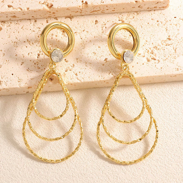 Women's Geometric Water Drop Earrings With Threelayer Gradient Circles Rhinestone Accents Electroplated Alloy And Stainless Steel Posts