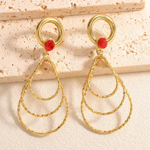 Women's Geometric Water Drop Earrings With Threelayer Gradient Circles Rhinestone Accents Electroplated Alloy And Stainless Steel Posts