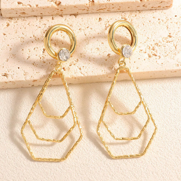 Women's Geometric Water Drop Pendant Earrings With Alloy Stainless Steel Posts Layered Ushaped Circle Design And Diamondstudded Electroplated Finish