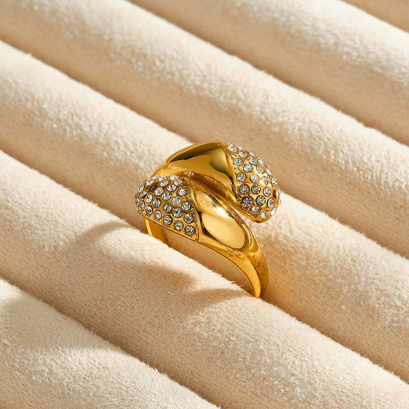 Women's Geometric Water Drop Stainless Steel Adjustable Ring With Rhinestone Accent And 18K Vacuum Plated Finish