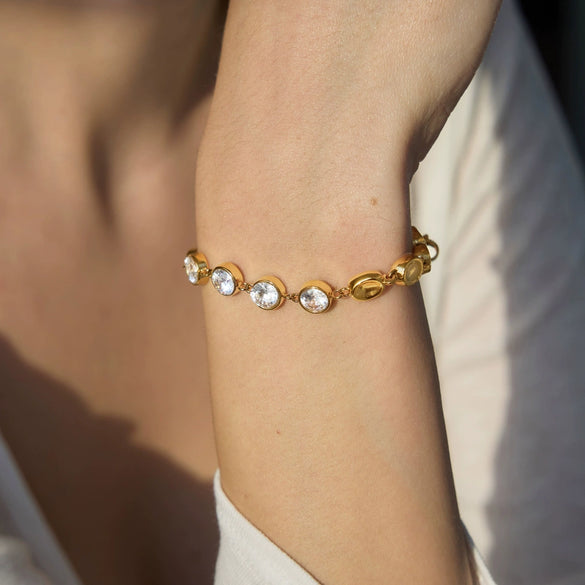 Women's Geometric Wave Bracelet In Gold Tone Plated Stainless Steel With Zircon Accents Hypoallergenic Jewelry