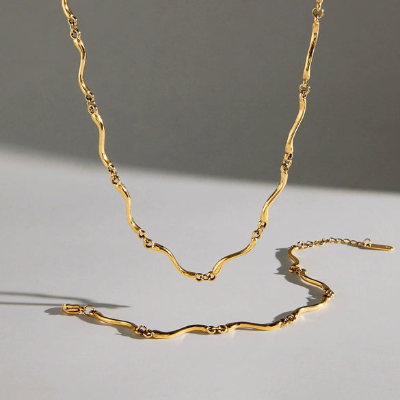 Women's Geometric Wave Jewelry Set With Stainless Steel Necklace And Bracelet Pvd Vacuum Gold Plated Design