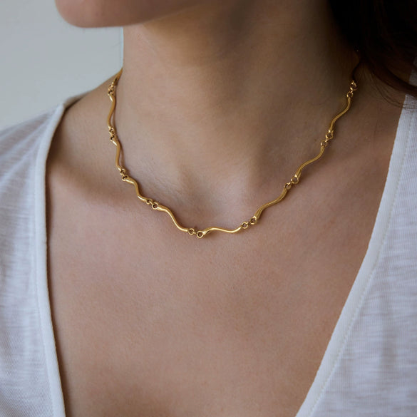 Women's Geometric Wave Jewelry Set With Stainless Steel Necklace And Bracelet Pvd Vacuum Gold Plated Design