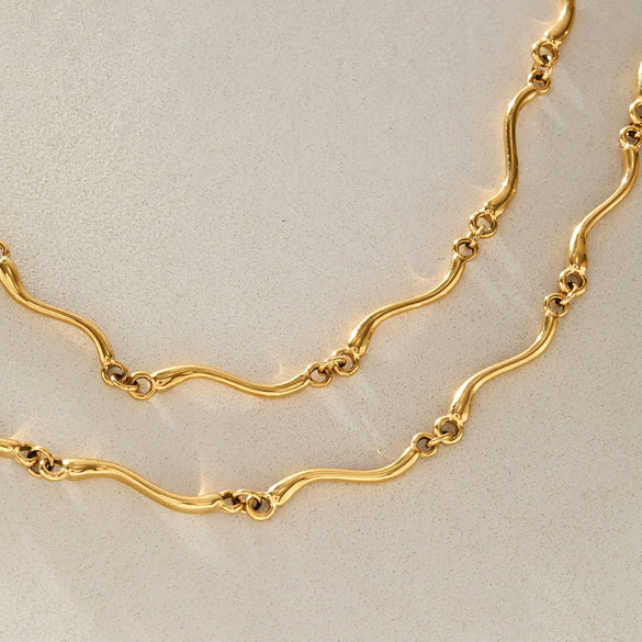 Women's Geometric Wave Jewelry Set With Stainless Steel Necklace And Bracelet Pvd Vacuum Gold Plated Design