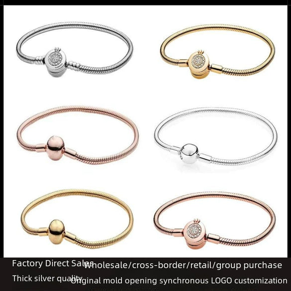 Women's Geometric White Copper Silver Plated Bracelet With Round Clasp And Snake Chain Crown Design