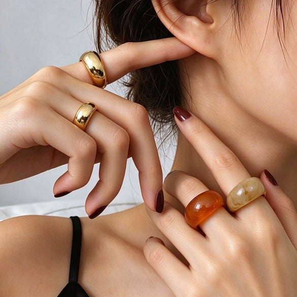 Women's Geometric Widefaced Dome Open Ring Set In Polished Electroplated Alloy Retro Stacking Style