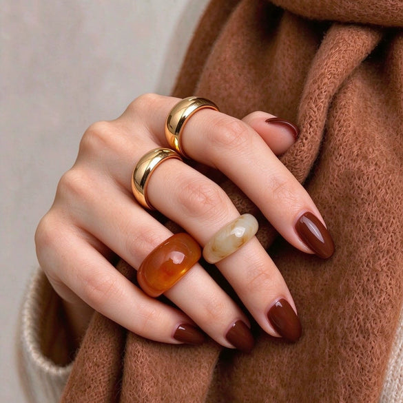 Women's Geometric Widefaced Dome Open Ring Set In Polished Electroplated Alloy Retro Stacking Style