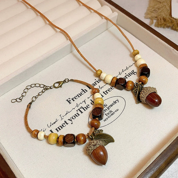 Women's Geometric Wood Handmade Dried Fruit Pendant Clavicle Chain Necklace Accessories