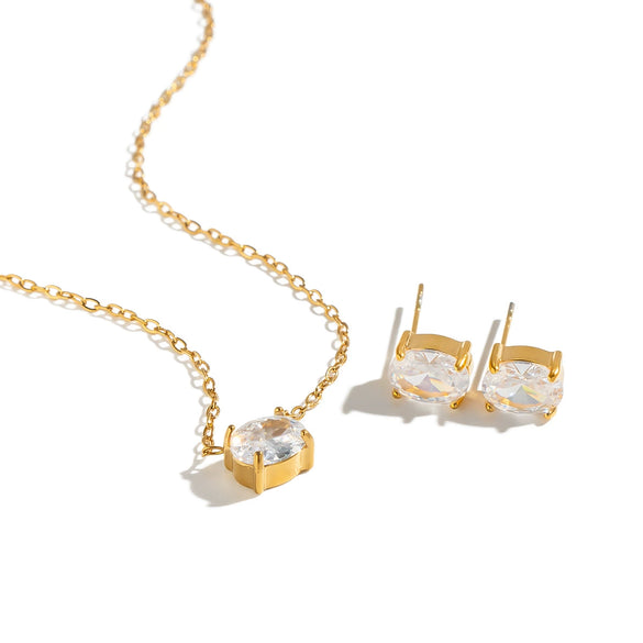Women's Geometric Zircon Pendant Jewelry Set With Goldplated Stainless Steel Necklace And Matching Earrings